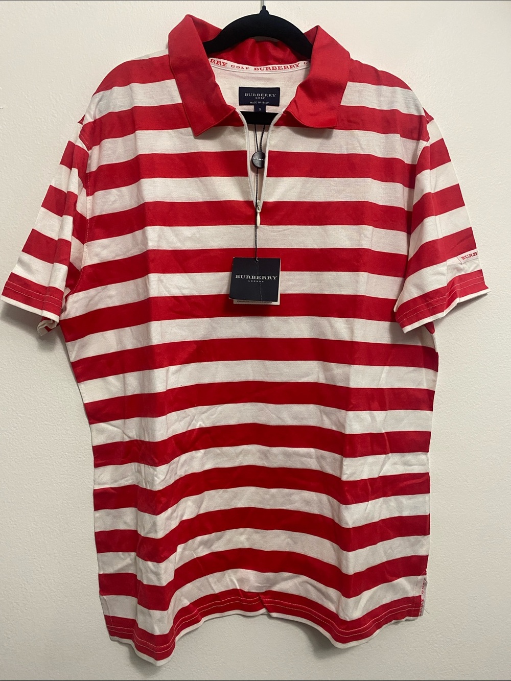 Burberry Red and White Striped Zip Polo Shirt